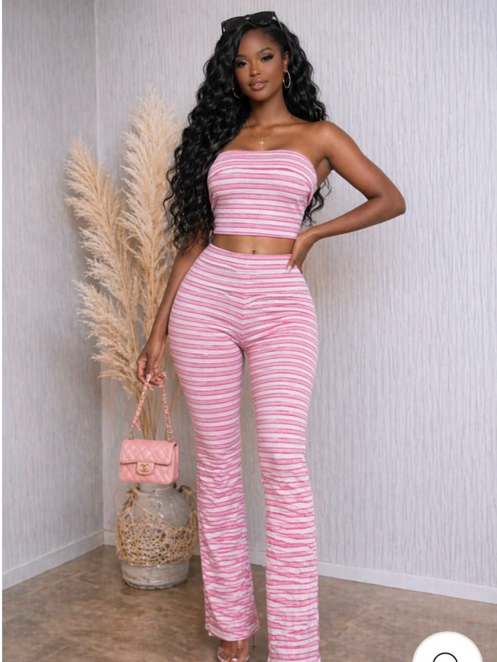 Striped Pink Two-Piece Tube Top & Flare Pants Set